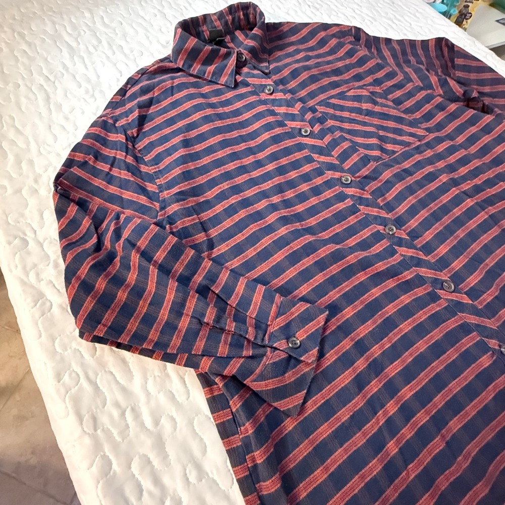 Button Down Shirt Women Large Navy Orange Striped Long Sleeve TOMBOY STREETWEAR